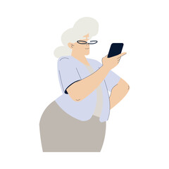 Old Woman Character with Smartphone Use Internet and Modern Gadget Vector Illustration