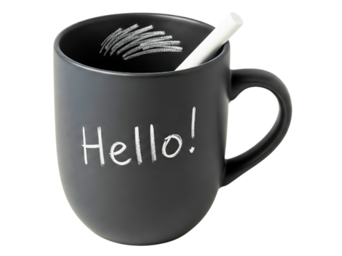 Black chalkboard mug with the word hello and a piece of chalk on a transparent background