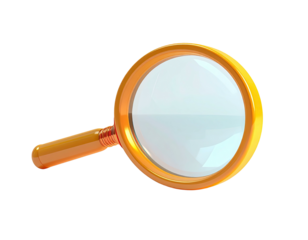 A shiny orange magnifying glass, held at an angle, with a clear lens against black