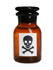 Bottle of poison with warning sign isolated on white