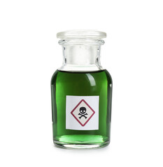 Bottle of poison with warning sign isolated on white