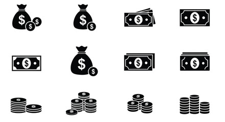 Black and white icons depicting money currency and financial wealth
