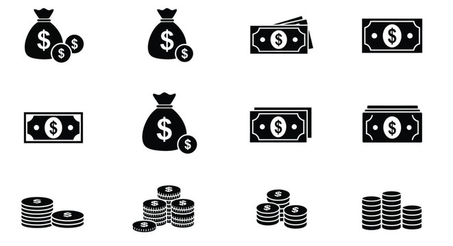 Black and white icons depicting money currency and financial wealth