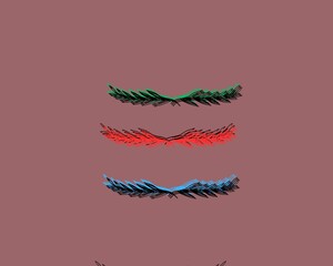 The image features three decorative motifs resembling symmetrical wings or leaves, arranged vertically on a plain reddish-brown background. The motifs have different colors.d