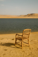 Minimalist desert landscape with a single chair by an oasis