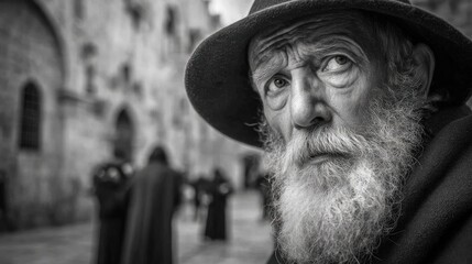 Portrait of Thoughtful Senior Man in Traditional Attire in Monochrome