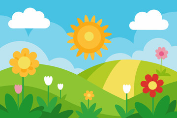 A beautiful cartoon scene of a sunny meadow with wildflowers vector illustration