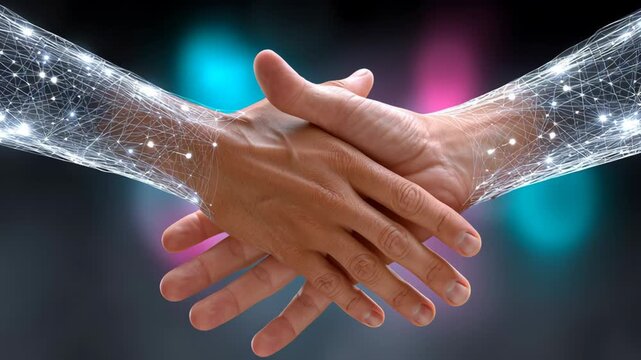 Hands engaged in a dynamic handshake, showcasing a blend of human connection and digital energy, with glowing lines representing technology and innovation, symbolizing collaboration and unity in a mod