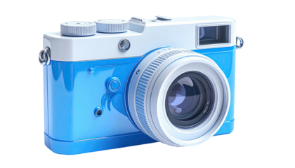 Modern, two-toned digital camera with a large lens, isolated on black