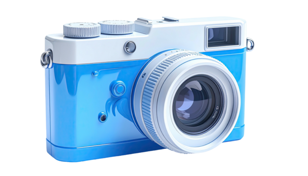 Modern, two-toned digital camera with a large lens, isolated on black