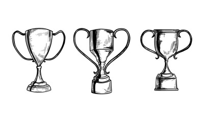 Cup winner set. sketch. Hand Drawn Trophy vector Illustration