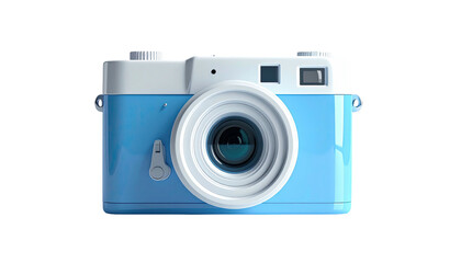 A shiny blue and white stylized vintage camera, isolated against a black backdrop