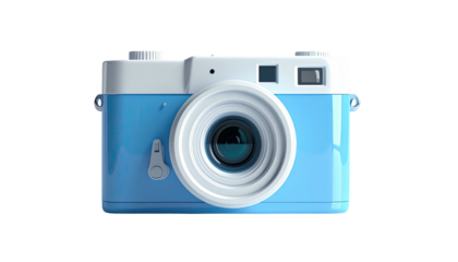 A shiny blue and white stylized vintage camera, isolated against a black backdrop