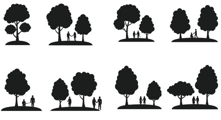 Silhouettes of trees and people in a park or natural setting