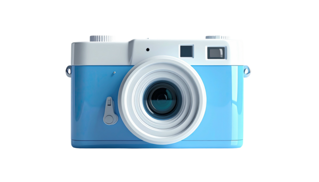 A shiny blue and white stylized vintage camera, isolated against a black backdrop