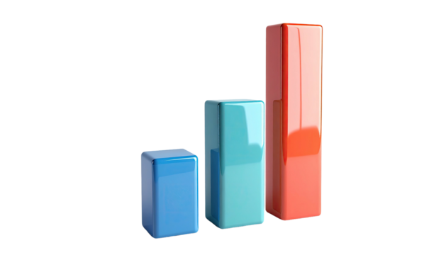 Three glossy, colored bars of varying heights, indicating growth against a black background