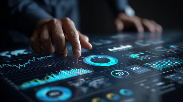 An analyst monitors a digital dashboard, applying metrics and KPIs for database-driven financial, operational, and marketing analysis