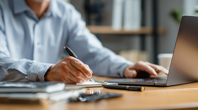 An experienced executive focuses on his laptop during an online seminar, video conference, or research session, jotting notes while working in the office