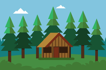 Obraz premium A cartoon illustration of a pine forest with a wooden hut vector illustration