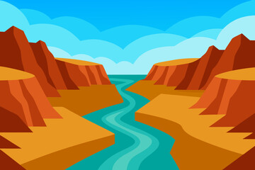 A majestic cartoon scene of a river flowing through a canyon vector illustration