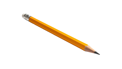 A yellow, hexagonal writing tool with a graphite tip and eraser, isolated on black