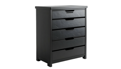 A dark gray, five-drawer wooden chest, set against a black background, angled