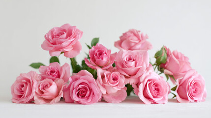 Elegant display of pink roses arranged against a bright white background, styled in a minimalist fashion