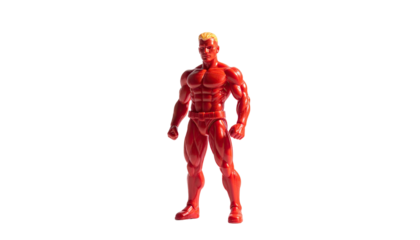 A muscular, red plastic action figure stands with a heroic pose against a black backdrop