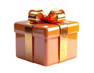 A 3D rendered orange gift box with a gold ribbon and bow against a black background