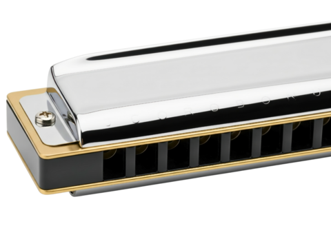 Close-up of a classic blues harmonica musical instrument on a transparent background