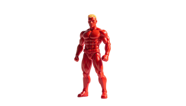 A muscular, red plastic action figure stands with a heroic pose against a black backdrop