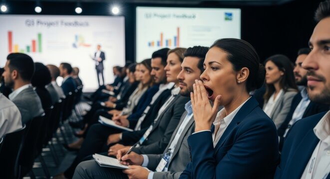 Business conference audience with attentive and bored attendees in corporate setting