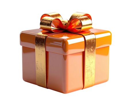 A 3D rendered orange gift box with a gold ribbon and bow against a black background