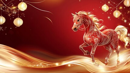 Vibrant red background with decorative horse and lanterns for Chinese New Year celebration