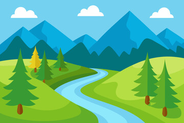 Fototapeta premium A serene cartoon scene of a river flowing through a forest vector illustration