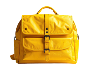 Bright yellow leather backpack with adjustable straps and buckles