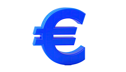 A vibrant blue European currency symbol floating against a stark black backdrop