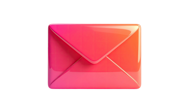Glossy, vibrant pink envelope with gradient lighting, isolated on a black background