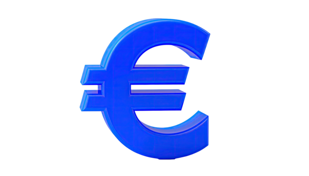 A vibrant blue European currency symbol floating against a stark black backdrop