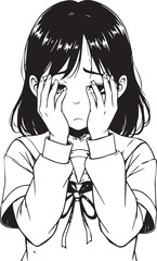 Melancholy Reflection: A black and white drawing of a young woman expressing deep sorrow. This artistic portrayal captures her raw and vulnerable emotional state.