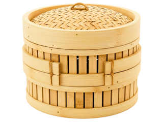 Traditional multitiered bamboo steamer basket for asian food on a transparent background