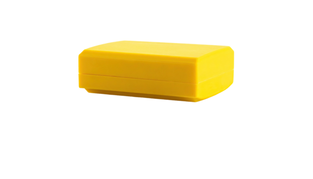 A bright yellow, rectangular, block-like object floats against a black background