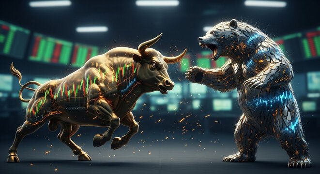 Bull versus bear stock market battle finance investment trading forex economic analysis and strategy