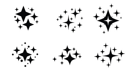 A collection of black starbursts and sparkling star shapes on white