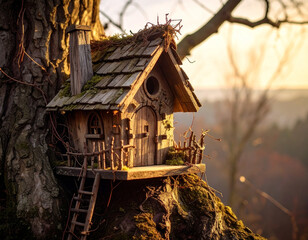 Enchanting miniature wooden treehouse with rustic details, perched in an old tree, bathed in the soft golden light of a serene sunset, creating a whimsical fairy tale scene
