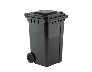 Dark gray, rolling trash bin, rectangular with lid, isolated on black background