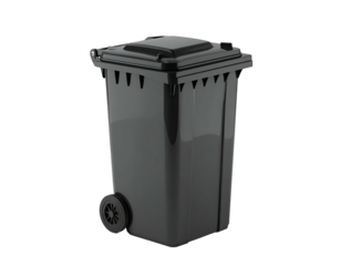 Dark gray, rolling trash bin, rectangular with lid, isolated on black background