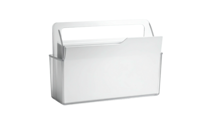 A white box-shaped container with a handle and an open top, on a black background