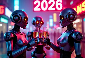 Futuristic scene of three robots celebrating New Year 2026 with champagne glasses in a neon-lit city. The mood is festive and modern, symbolizing technology, AI, and a futuristic vision