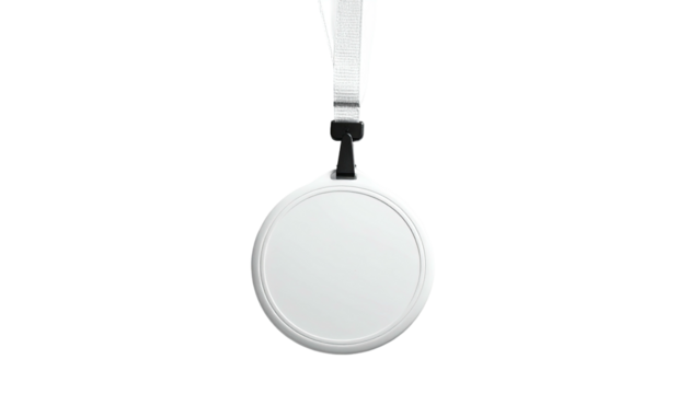 A white, circular device with a strap hangs against a stark, black background